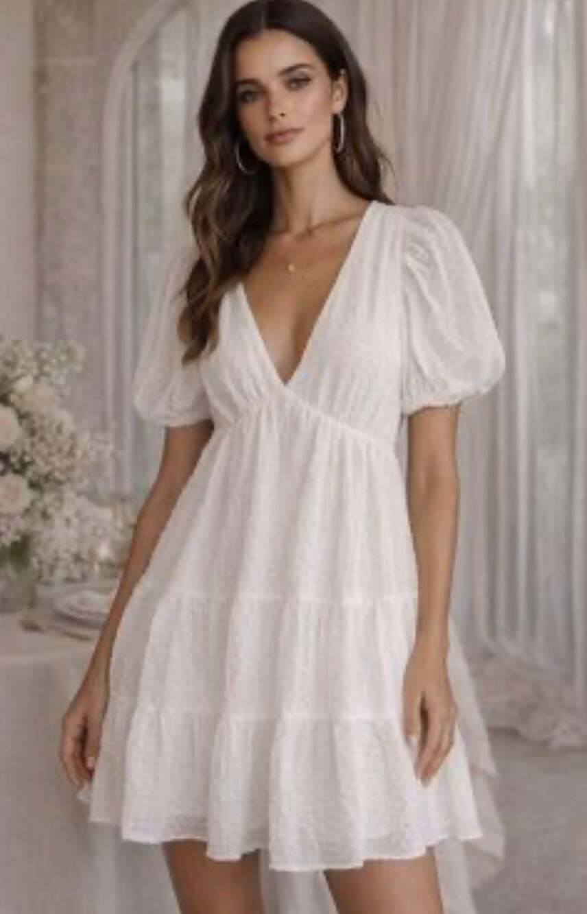 Quiz White Seersucker Puff Sleeve Tiered Smock Dress Size 10